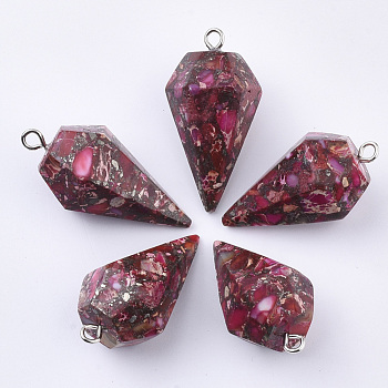 Synthetic Gold Line Regalite/Imperial Jasper/Sea Sediment Jasper Pointed Pendants, with Platinum Plated Iron Findings, Dyed, Cone Pendulum, Deep Pink, 43~44x23.5x20~21.5mm, Hole: 3mm