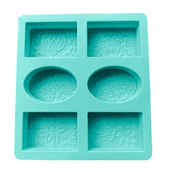 DIY Soap Silicone Molds, for Handmade Soap Making, Rectangle & Oval with Flower Pattern, Aquamarine, 218x198x24mm, Inner Diameter: 79~80x55x23mm