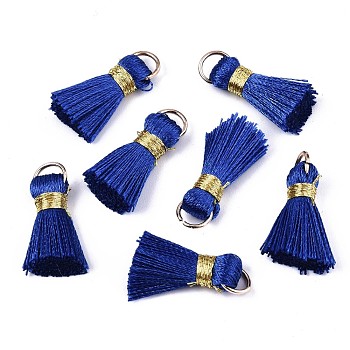 Handmade Polycotton(Polyester Cotton) Tassel Decorations, Pendant Decorations, with Golden Iron Loops, Medium Blue, 17~21x10x5mm, Jump Ring: 6x0.7mm, Inner Diameter: 4.6mm