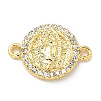 Rack Plating Brass Micro Pave Clear Cubic Zirconia Religion Virgin Mary Connector Charms, Long-Lasting Plated, Lead Free & Cadmium Free, Real 18K Gold Plated, 12x17x2.8mm, Hole: 1.6mm