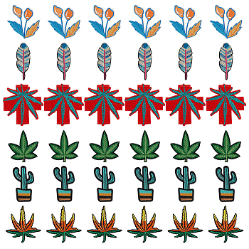 Fingerinspire 36Pcs 6 Style Polyester Fabrics Computerized Embroidery Cloth Sew on Patches, Costume Accessories, Flower & Leaf & Cactus, Mixed Patterns, 63~74x23~73.5x1.3~1.5mm, 6pcs/style