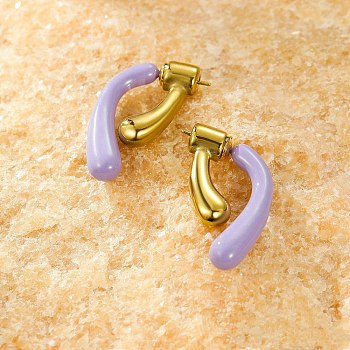 304 Stainless Steel Stud Earrings, with Enamel, Real 18K Gold Plated, Medium Purple, 27.5x6.5mm