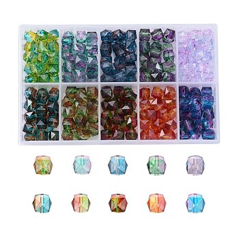 Transparent Spray Painted Crackle Acrylic Beads, Two Tone, Faceted, Polygon, Mixed Color, 10x10x9.5mm, Hole: 1.8mm, about 23~27pcs/color, 230~270pcs/box