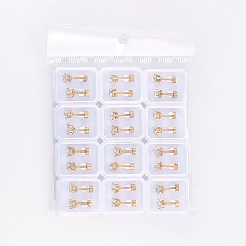 304 Stainless Steel Earlobe Plugs, Screw Back Earrings, with Glass Rhinestone, Crystal, Golden, 5mm, Pin: 1mm, 12pairs/bag