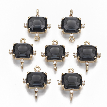Glass Links connectors, with Brass Micro Pave Cubic Zirconia, Faceted, Cuboid, Light Gold, Black, 17.5x14x5.5mm, Hole: 1.2mm