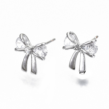 Brass Stud Earrings, with Clear Cubic Zirconia, Nickel Free, Bowknot, Real Platinum Plated, 9.5x9.5mm, Pin: 0.7mm