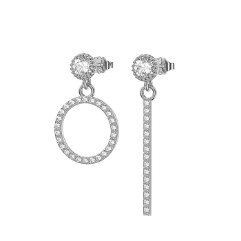 Rhodium Plated 925 Sterling Silver Micro Pave Cubic Zirconia Ear Studs, Asymmetrical Earrings for Women, Rectangle & Ring, with S925 Stamp, Real Platinum Plated, 20~29mm