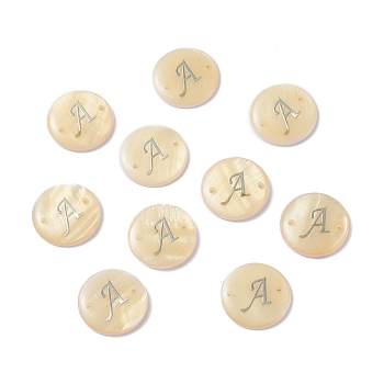 (Defective Closeout Sale: Yellowing), Freshwater Shell Links Connectors, with Platinum Brass Findings, Flat Round with Letter, Letter.A, 20x3mm, Hole: 1.4mm