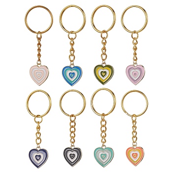 Rack Plating Light Gold Tone Heart Alloy Enamel Keychains, with Iron Split Key Rings, Mixed Color, 7cm