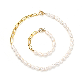 Natural Baroque Pearl Keshi Pearl Bracelets & Necklaces Sets, with Unwelded Iron Paperclip Chains and Brass Crimp Beads, 304 Stainless Steel Toggle Clasps, Golden, 7-3/4 inch(19.8cm), 17.48 inch(44.4cm), 2pcs/set