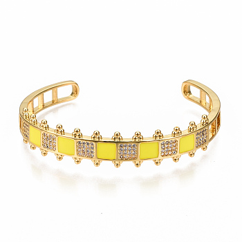 Brass Micro Pave Clear Cubic Zirconia Cuff Bangles, with Enamel, Nickel Free, Square, Real 16K Gold Plated, Yellow, Inner Diameter: 2-3/8x2 inch(5.9x4.5cm)