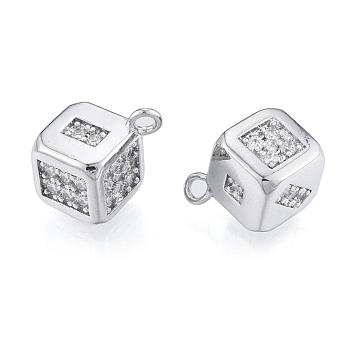 Brass Micro Pave Clear Cubic Zirconia Charms, Cadmium Free & Nickel Free & Lead Free, Dice, Real Platinum Plated, 15x12x12mm, Hole: 1.8mm