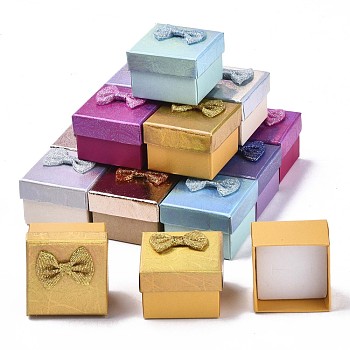Cardboard Ring Boxes, with Bowknot Ribbon Outside and White Sponge Inside, Square, Mixed Color, 5~5.3x5~5.3x3.8~4cm