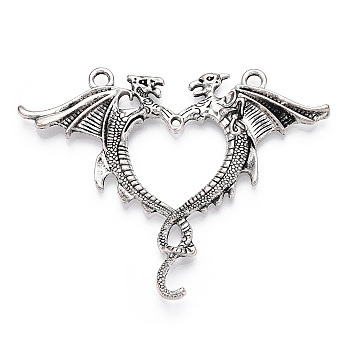 Tibetan Style Alloy Dragon Big Pendants, Dragon Heart Charms, Antique Silver, 51x62.5x3mm, Hole: 2.6mm