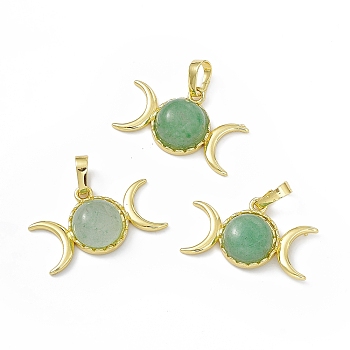 Natural Green Aventurine Pendants, Triple Moon Charms, with Golden Tone Rack Plating Brass Findings, Cadmium Free & Lead Free, 15x26x7mm, Hole: 6.5x4mm