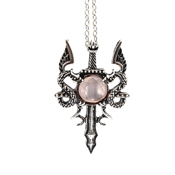 Natural Rose Quartz Dragon Sword Pendant Necklace, Gothic Alloy Jewelry for Men Women, Antique Silver & Platinum, 19.69 inch(50cm)