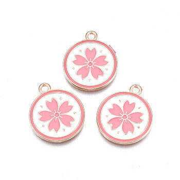 Alloy Enamel Pendants, Cadmium Free & Lead Free, Flat Round with Flower, Hot Pink, 20.5x17.5x1.5mm, Hole: 1.6mm