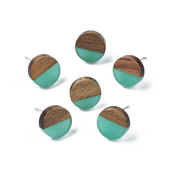 Transparent Resin & Walnut Wood Stud Earrings, with 316 Stainless Steel Pins, Flat Round, Turquoise, 10mm, Pin: 0.7mm