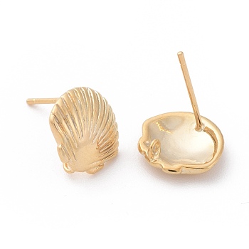 Brass Stud Earring Findings, Shell, Real 18K Gold Plated, 11x11.5mm, Hole: 1.2mm, Pin: 0.7mm