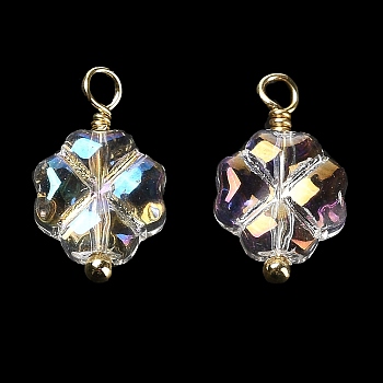 Glass Charms, with Rack Plating Brass Findings, Real 18K Gold Plated, Clover Charm, Clear AB, 14x8x4mm, Hole: 1.8mm