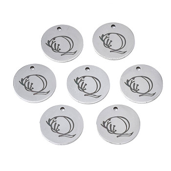 304 Stainless Steel Charms, Laser Cut, Designed Letter Engraved, Flat Round, Stainless Steel Color, Letter.Q, 14x1mm, Hole: 1.2mm