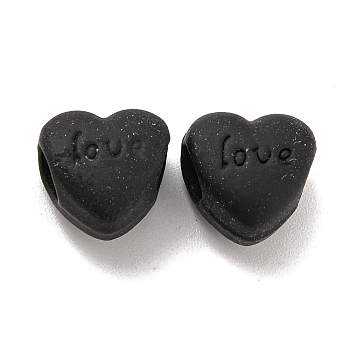 Spray Painted Alloy European Beads, Rubberized Style, Large Hole Beads, Heart with Word Love, Black, 11x11.5x8mm, Hole: 4.5mm