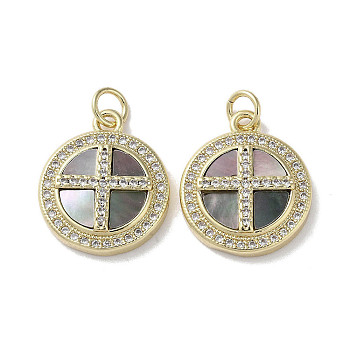 Brass Micro Pave Clear Cubic Zirconia Cross Pendants, Natural Black Lip Shell Flat Round Charms with Jump Rings, Real 18K Gold Plated, 18.5x15.5x3.5mm, Hole: 3mm