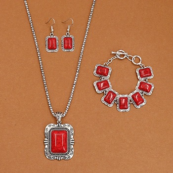 Rectangle Alloy with Synthetic Turquoise Pendant Necklaces & Dangle Earrings & Link Bracelets Sets, Antique Silver, Red, 19.29 inch(490mm)