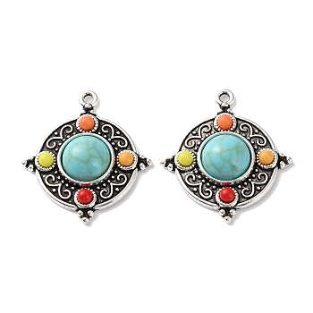 Bohemia Tibetan Style Alloy & Acrylic & Synthetic Turquoise Pendants, Flat Round Charms, Antique Silver, Light Blue, 30x27x6.5mm, Hole: 1.8mm