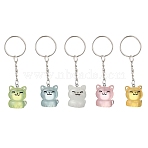 5Pcs Luminous Transparent Resin Cat Shape Pendant Keychains, with Iron Split Key Rings, Platinum, Mixed Color, 80~82mm(KEYC-JKC01431)