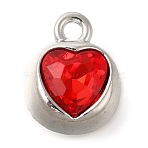 Rack Plating Alloy Pendants, with Rhinestone, Heart, Platinum, Red, 11.5x9x7.5mm, Hole: 1.6mm(PALLOY-M055-06P-01)