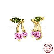 925 Sterling Silver Micro Pave Cubic Zirconia Stud Earrings, Cherry, Pink, Real 14K Gold Plated, 9x7mm(EJEW-K284-08G)