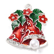 Christmas Zinc Alloy Rhinestone Pendnats, with Enamel and Plastic Pearl, Christmas Bell, 33x29x7.2mm, Hole: 2mm(PALLOY-K008-01A-P)