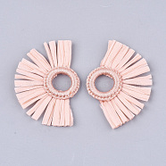 Raffia Tassel Pendant, with Polyester Link Ring, Fan, Pink, 47~55x68~78x5~6mm, Hole: 14mm(FIND-S305-01H)