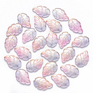 Two Tone Transparent Spray Painted Glass Pendants, with Glitter Powder, Leaf, Pearl Pink, 23.5x15x3.5mm, Hole: 1.5mm(X-GLAA-T016-08B)