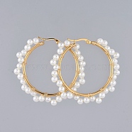 Beaded Hoop Earrings, with Glass Pearl Beads, Golden Plated 304 Stainless Steel Hoop Earrings Findings and Copper Wire, Ring, White, 50mm, Pin: 0.7mm(EJEW-JE03803)