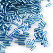 Glass Bugle Beads, Silver Lined, Dodger Blue, 4~4.5x2mm, Hole: 1mm, about 450g/bag, 14000pcs/bag(SEED-R011-23B)
