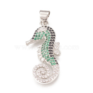 Brass Micro Pave Cubic Zirconia Pendants, Long-Lasting Plated, Lead Free & Cadmium Free & Nickel Free, Sea Horse, Colorful, Real Platinum Plated, 27.5x14.5x3.5mm, Hole: 4x3.5mm(ZIRC-L078-059P-NR)