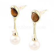 Natural Pearl & Tiger Eye Dangle Stud Earrings, Brass Teardrop Earrings for Women, Real 14K Gold Plated, 33x9mm(EJEW-K252-06G)