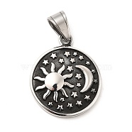304 Stainless Steel Pendants, Flat Round Charms, with Sun and Moon and Star Pattern, Antique Silver, 33.5x27.5x5mm, Hole: 9x6mm(STAS-K243-10AS)