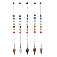 Chakra Synthetic & Natural Mixed Gemstone Pointed Dowsing Pendulums, with 304 Stainless Steel Cable Chains, Round & Cone, 260mm, Pendants: 35~38x14.5x13mm(PALLOY-JF02608-02)