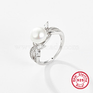 Rhodium Plated  925 Sterling Silver Finger Rings, with Pearl, Platinum, US Size 7(17.3mm)(AX5136-2)