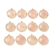 Constellation Natural Rose Quartz Pendants, Brass Flat Round Charms, Golden, 32x30x9mm, Hole: 2mm, 12pcs/set(G-A300-D)