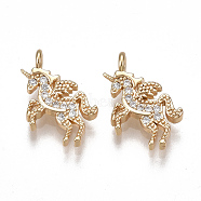 Brass Charms, Nickel Free, Real 18K Gold Plated, with Cubic Zirconia, Unicorn, Clear, 14.5x12x2mm, Hole: 1.6mm(KK-T038-382G)