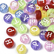 Transparent Acrylic Beads, with Enamel, Flat Round with Mixed Russian Alphabet, Mixed Color, 7x4mm, Hole: 1.5mm, about 3650pcs/500g(MACR-N008-30)