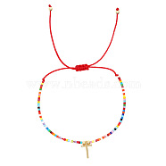 Easter Seed Braided Bead Bracelets, Adjustable Cross Brass Charm Bracelets for Women, Golden(LC4132)