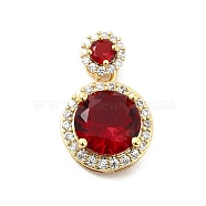 Brass Micro Pave Clear Cubic Zirconia Pendants, with Glass, Flat Round, Real 18K Gold Plated, Dark Red, 21mm, Hole: 4x3mm(KK-I695-019A)