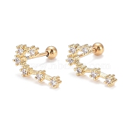 Brass Micro Pave Clear Cubic Zirconia Stud Earrings, with 304 Stainless Steel Pin and Ear Nut, Constellation/Zodiac Sign, Golden, Cancer, 13x8mm, Pin: 0.8mm(EJEW-F258-01F-G)