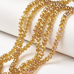 Electroplate Transparent Glass Beads Strands, Full Rainbow Plated, Faceted, Rondelle, Goldenrod, 3x2mm, Hole: 0.8mm, about 150~155pcs/strand, 15~16 inch(38~40cm)(EGLA-A034-T2mm-T06)