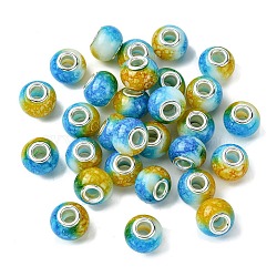 Two Tone Glass European Beads, Large Hole Beads, with Silver Tone Brass Double Cores, Rondelle, Light Sky Blue, 15x11mm, Hole: 5mm(GPDL-K003-01F)